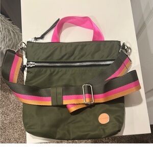 Chic Olive Crossbody Bag with Pink Strap by Bon Voyage